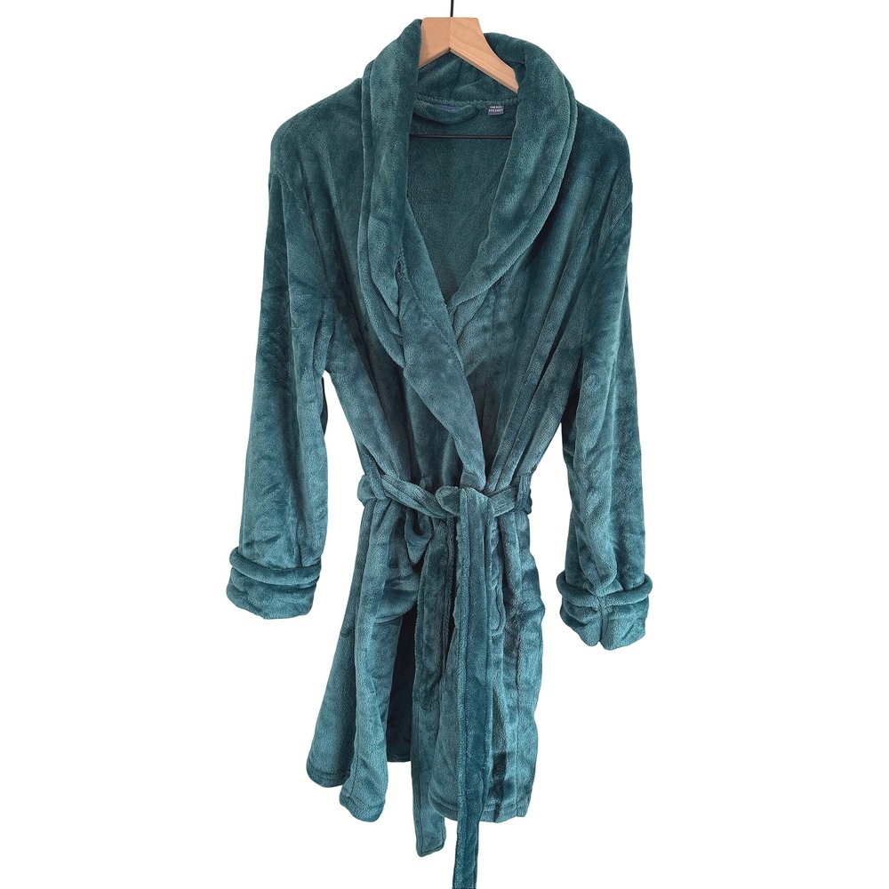 Blanc & Bleu Teal Blue Plush Fleece Robe Collar Belted Soft Cozy Loungewear‎